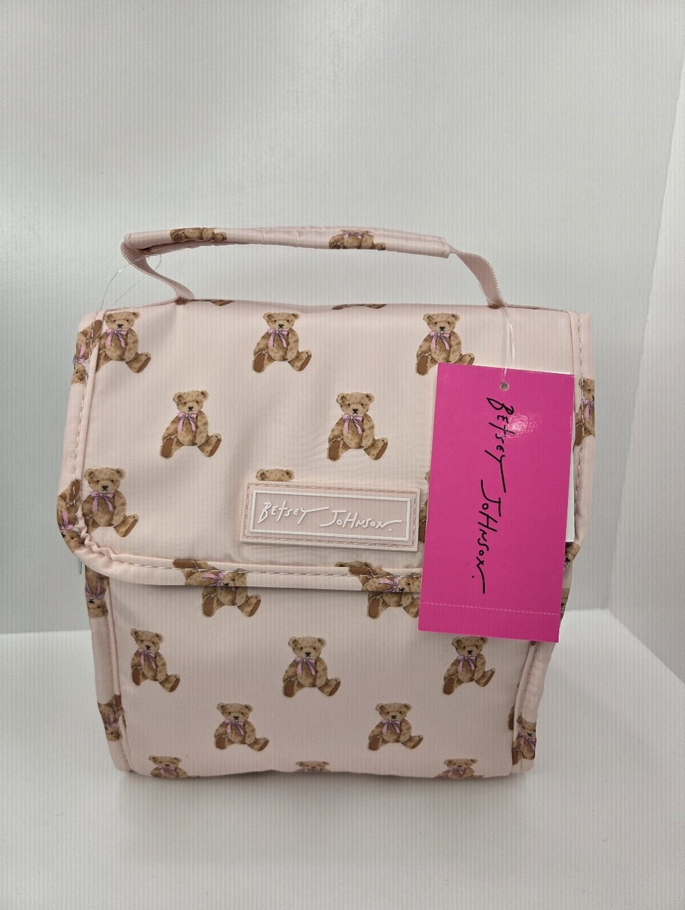 🧸▪️ Betsey Johnson ▪️light Pink Teddy Bear Print Flap Lunch tote Bag - Picture 1 of 6